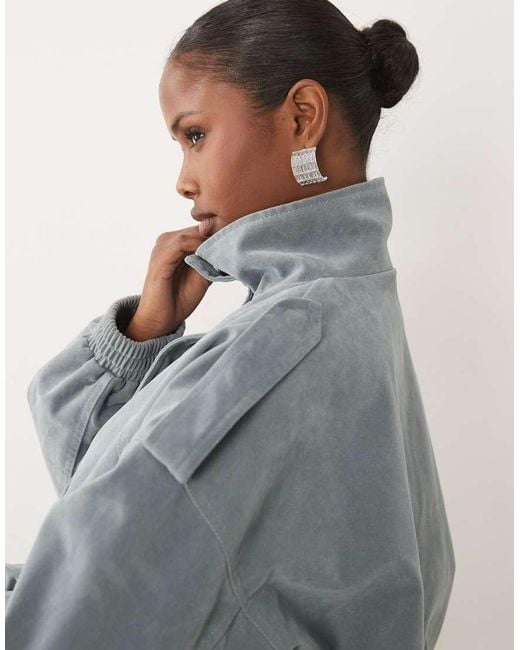 Kaiia Gray Exclusive Faux Suede Cargo Pocket Front Balloon Sleeve Funnel Neck Bomber Jacket