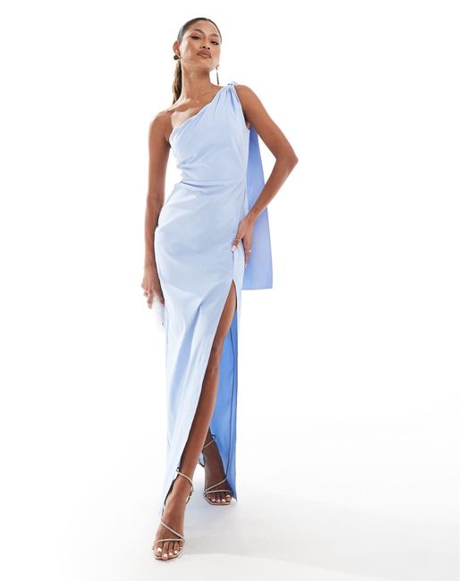 Vesper Blue One Shoulder Drape Detail Thigh Split Maxi Dress