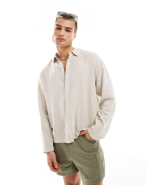 Bershka Natural Linen Rustic Long Sleeve Shirt for men