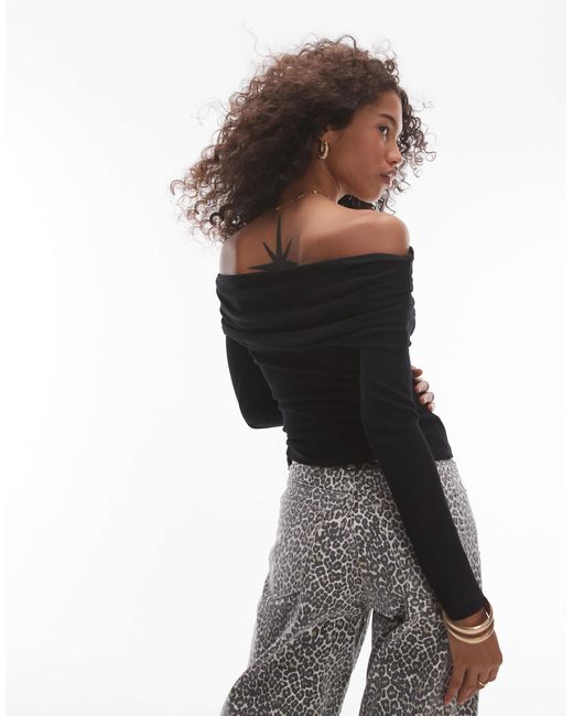 TOPSHOP Black Premium Ribbed Long Sleeve Off The Shoulder Top