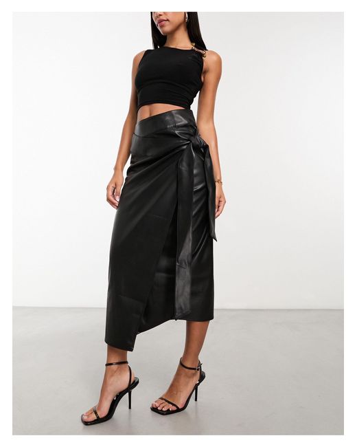 Never Fully Dressed Black Pu Wrap Midi Skirt