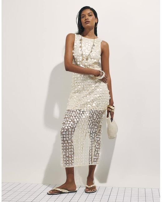 River Island Natural Sleeveless Sequin Crochet Midi Dress