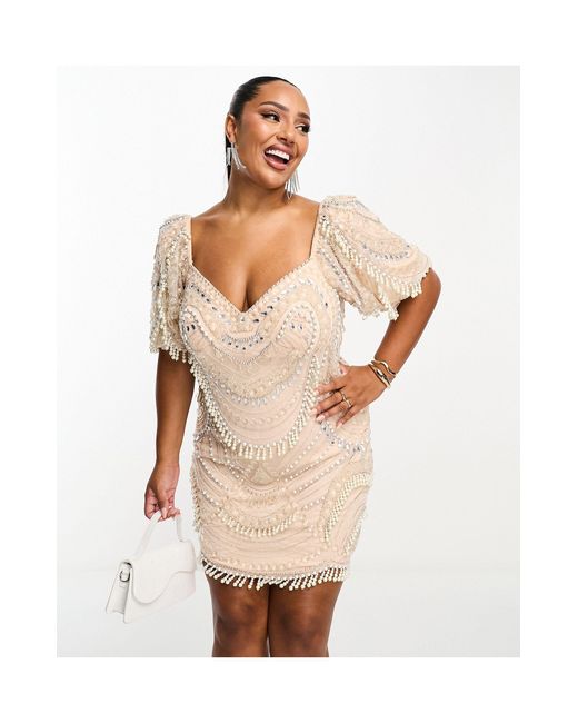 ASOS Pink Curve Encrusted Mini Dress With Puff Sleeve And Faux Pearl Embellishment