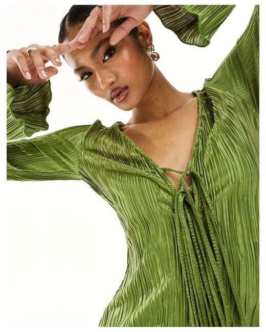 In The Style Green Tie Front Plisse Mini Dress