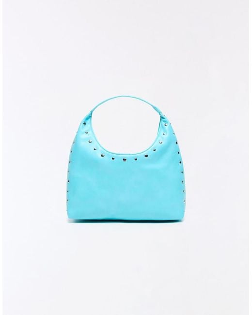 Bershka Blue Studded Leather Effect Bucket Bag