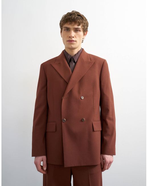 Topman Brown Relaxed Double Breasted Wool Touch Suit Jacket for men