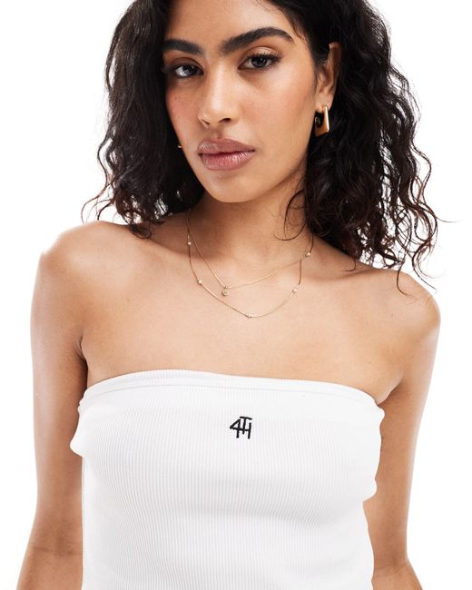 4th & Reckless White Ribbed Bandeau Embroidered Logo Top