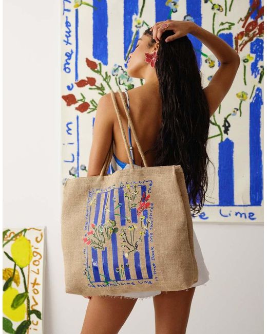 TOPSHOP Blue Tallie Graphic Tote Bag