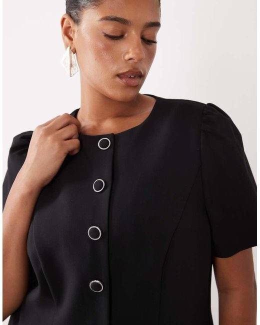Forever New Black Structured Puff Sleeve Button Down Mini Dress