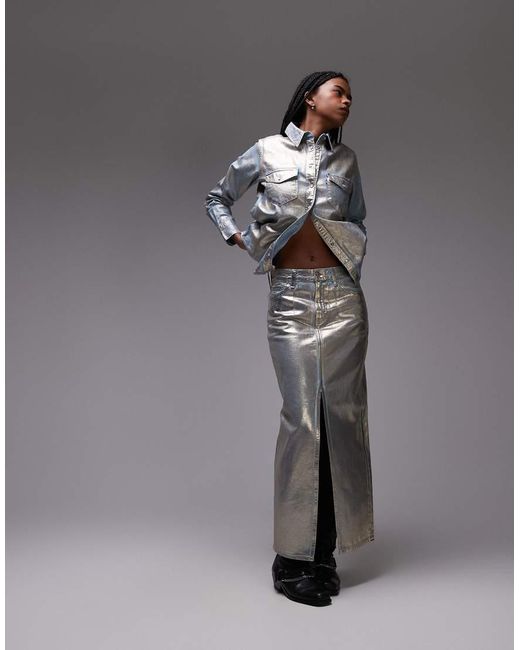 Levi's Gray Maxi Column Metallic Denim Skirt