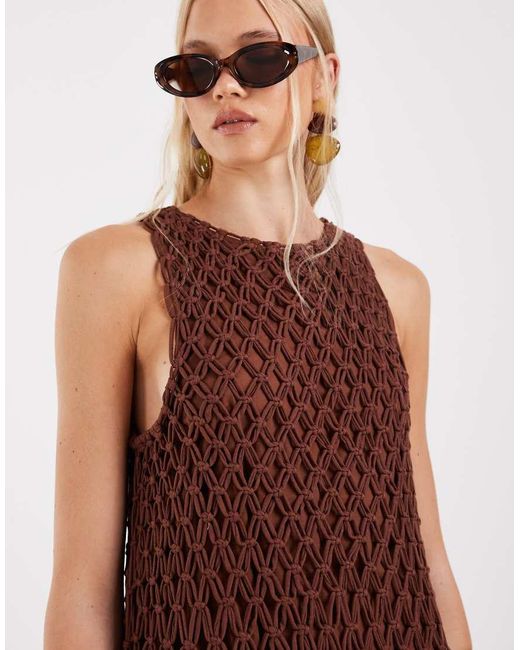 ASOS Brown Macrame Dropped Waist Maxi Dress With Poplin Skirt