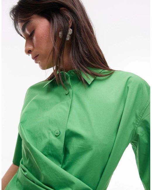 ARKET Green Cotton Rich Mini Shirt Dress With Button Wrap Front