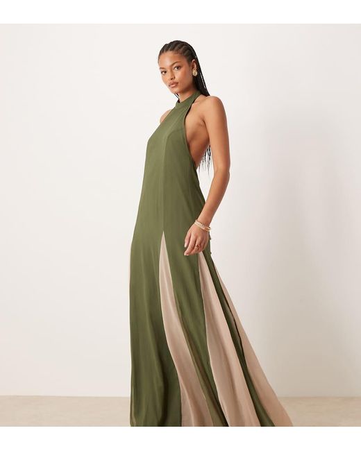 Vestido Largo Oscuro Con Cuello Alto Y Falda De Godets En Contraste De Chifón De Asos Design Tall ASOS de color Green