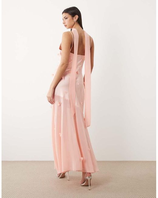 Gina Tricot Pink 3d Floral Cowl Neck Sheer Maxi Dress