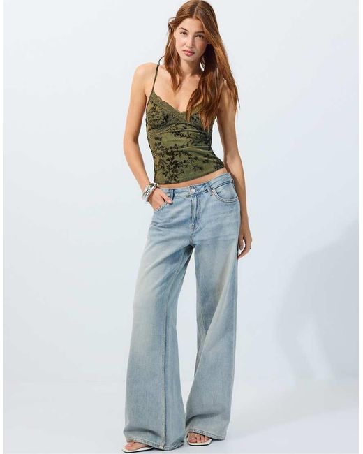 Stradivarius Blue Felted Lace Fitted Top