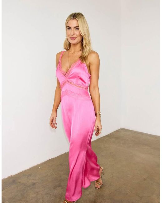 Never Fully Dressed Pink Gianna Lace Insert Satin Midaxi Slip Dress