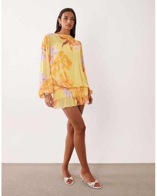 ASOS Yellow Mesh Floral Print Blouson Drape Mini Dress