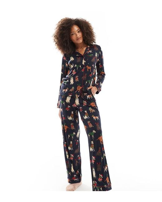 Chelsea Peers Black Exclusive Christmas Dog Print Long Sleeve Revere And Trouser Pyjama Set