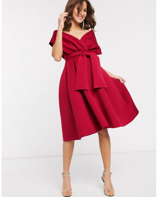 ASOS Red Fallen Shoulder Midi Prom Dress With Tie Detail