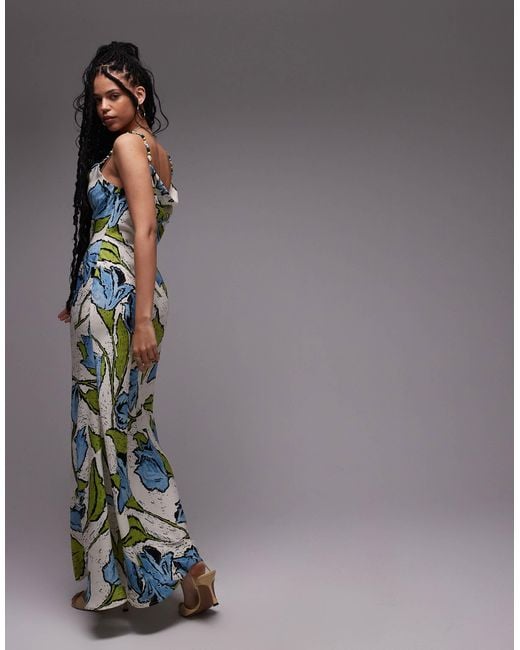 Robe nuisette mi-longue à col bénitier et perles aux bretelles - bleu fleuri TOPSHOP en coloris Gray