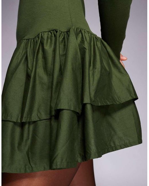 ASOS Green Ribbed Mini Dress With Woven Skirt