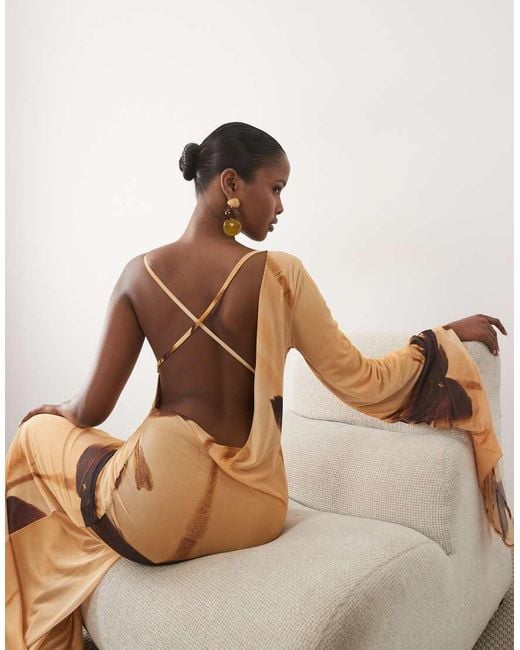 ASOS Natural Drape Scarf Sleeve Mesh Maxi Dress