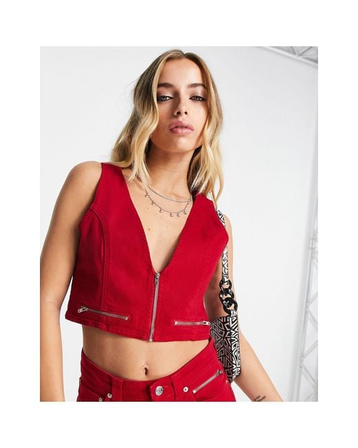 ASOS Coord Denim Waistcoat With Zip Details in Red Lyst