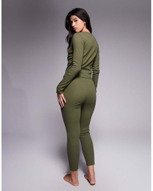 Threadbare Green Ribbed Button Down Long Sleeve Loungewear Set
