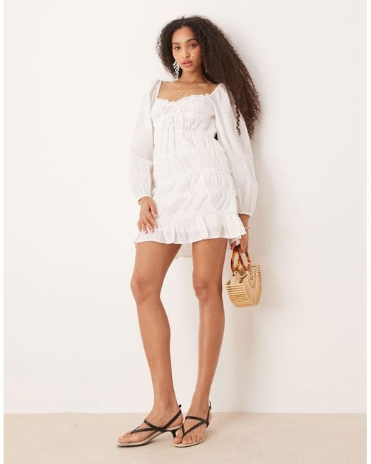 Gina Tricot White Long Sleeve Sweetheart Neck Broderie Anglais Mini Dress