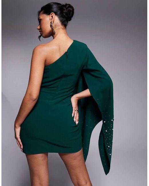 Lavish Alice Green One Shoulder Embellished Cape Mini Dress