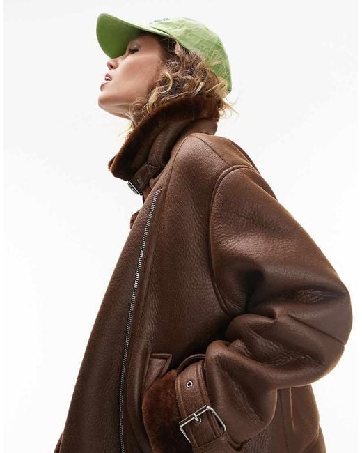 TOPSHOP Brown Faux Leather Shearling Aviator Biker Jacket
