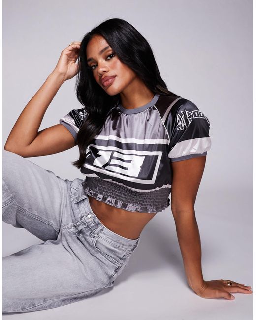 Liquor N Poker Gray Ruched Varsity T-Shirt With Gothic Script Logo