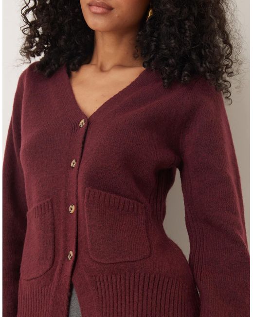 ASOS Red Waisted V Neck Cardigan With Pocket Detail