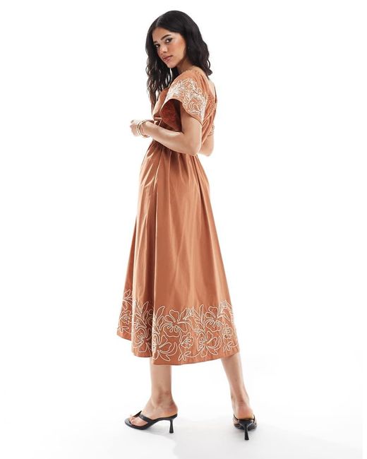 French Connection Brown Cambria Cotton Embroidered Midi Dress