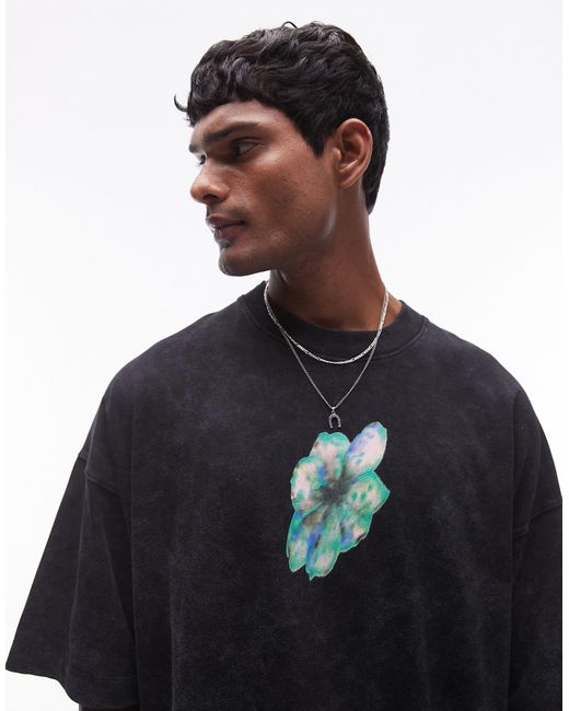 Topman Black Extreme Oversized Fit T-shirt With Front And Back Blurred Floral Print for men