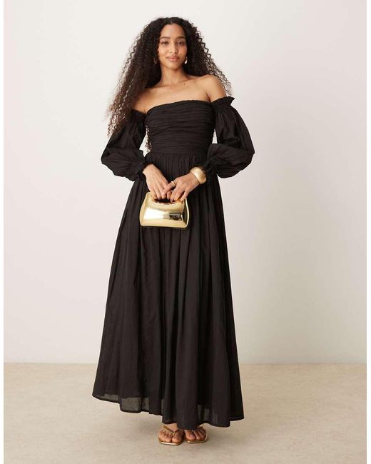 LACE & BEADS Katoenen Maxi Jurk Met Bardot Ballonmouwen in het Black