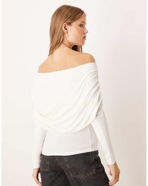 Gina Tricot White Long Sleeve Sloped Drapey Shoulder Cape Top