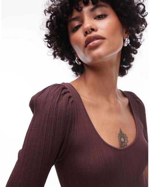 & Other Stories Brown Knitted Mixed Rib Top With Scoop Neck And Puff Sleeves