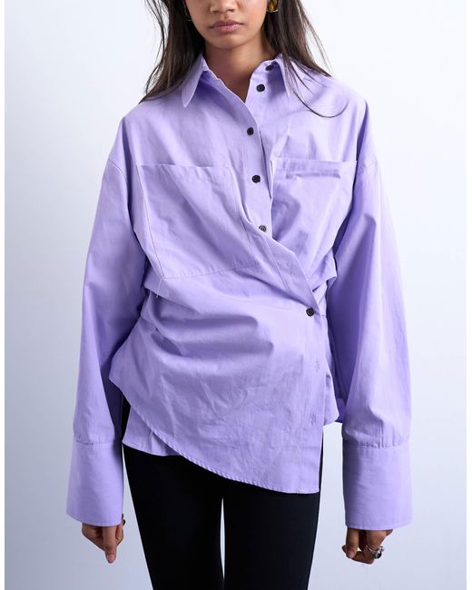 TOPSHOP Purple Asymmetric Placket Waisted Long Sleeve Cinched Shirt