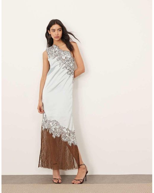 ARRANGE Natural Applique Embroidered Lace Panelled One Shoulder Column Maxi Dress