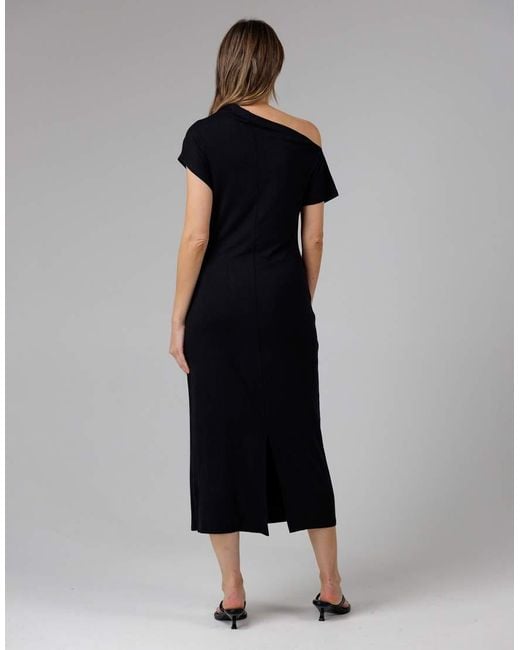 French Connection Black Ruched Boat Neck Short Sleeve Midi Dress