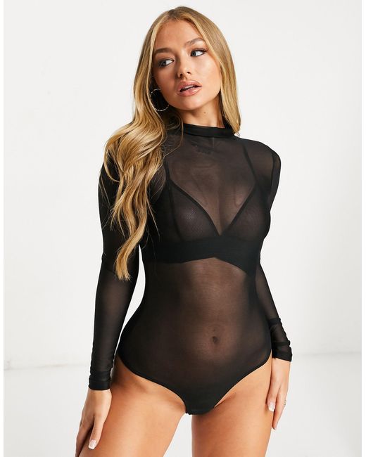 Ann Summers Sheer Mesh Long Sleeve Bodysuit in Black | Lyst