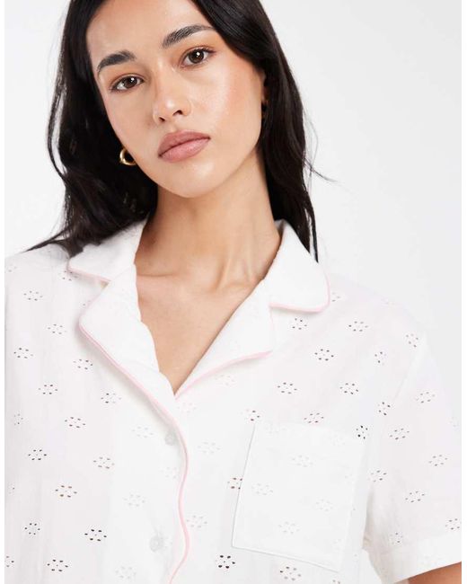 Loungeable White Jersey Broderie Revere Top And Short Pyjama Set