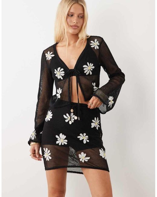 River Island Black Daisy Print Crochet Mini Skirt