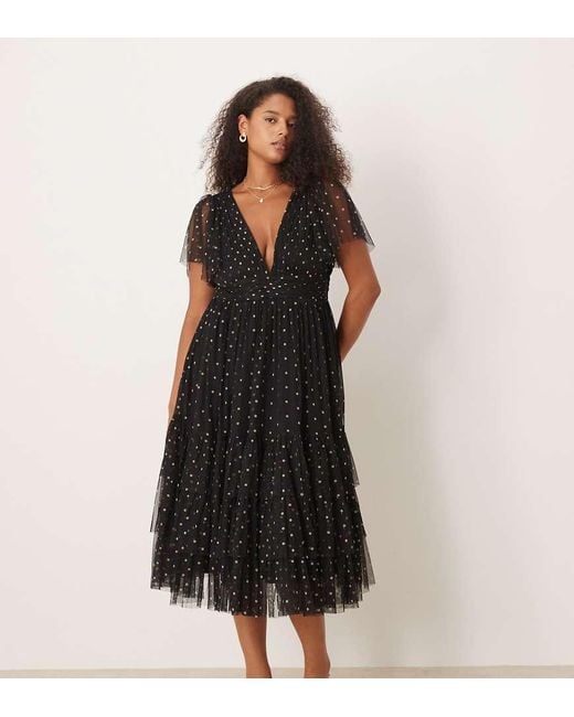 Lace & Beads Plus Multicolor Tulle V Neck Midi Dress