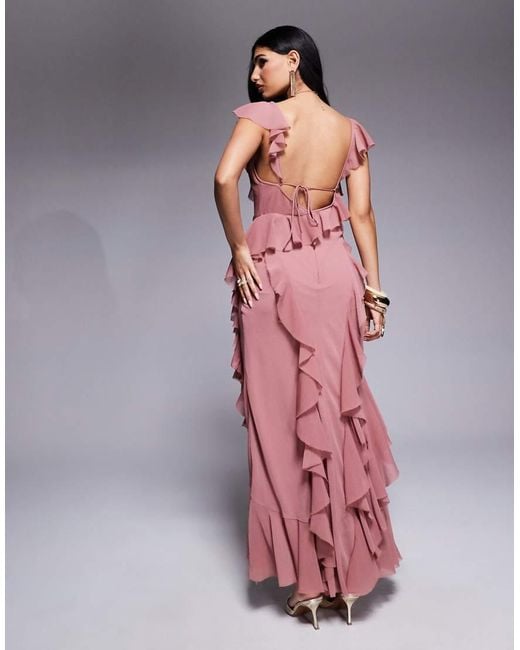 ASOS Ruffle Bias Maxi Dress With Open Back in Red | Lyst UK