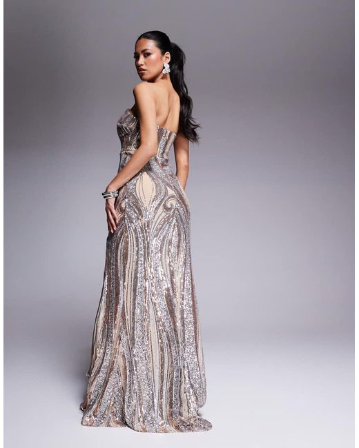 Goddiva Gray Strapless Multi Sequin Maxi Dress