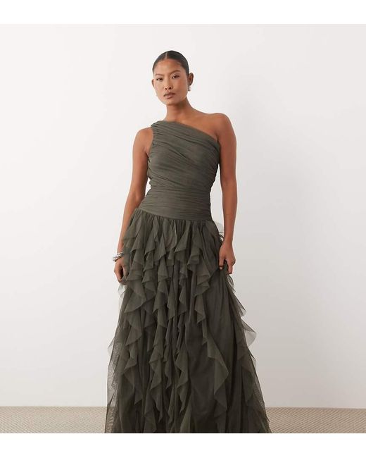 LACE & BEADS Green One Shoulder Waterfall Ruffle Maxi Dress