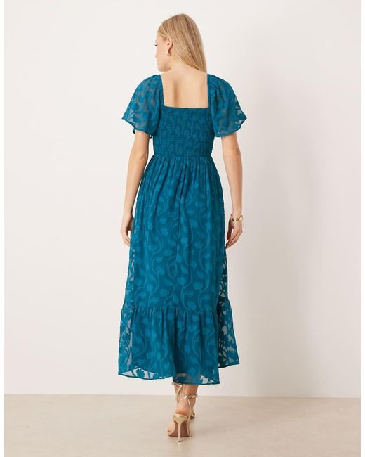 Lovedrobe Blue Floral Burnout Square Neck Shirred Midaxi Dress