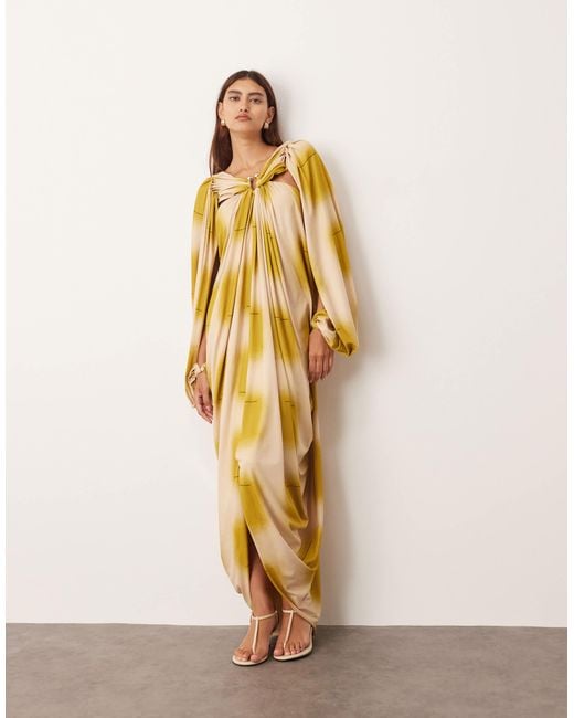 ARRANGE Draped Midi Dress With Balloon Sleeve And Hardware Detail in  Natural | Lyst